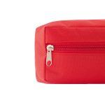 A red utility case featuring a zip closure and a textured fabric. It has a small logo on the surface.