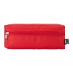 A red utility case with a zip closure and a branding label on the side.