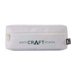 A white utility case with a zip closure, featuring a logo on the front.