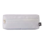 A white utility case with a zippered compartment and a small tag on the side.