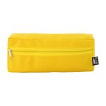 A yellow utility case with a zippered compartment and a branding label on one side.