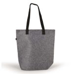 A gray felt tote bag featuring black handles and a structured design.