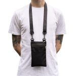 A black neck pouch with a strap, featuring a zippered pocket and additional mesh detailing.