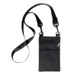 A black neck pouch with a long strap and multiple zippered compartments.