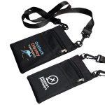 A black neck pouch with a strap, featuring two zippered compartments and logos on the front.
