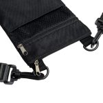 A black Wallaby Neck Pouch features multiple zippered compartments and durable clips for attachment.