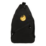 A black Sling RPET travel bag with a front zip pocket and a logo displayed.