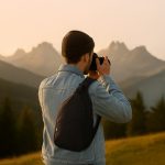 A person in a denim jacket and beanie holds a camera while wearing a navy Sling RPET Travel Bag against a mountain backdrop.