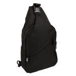 A black Sling RPET travel bag with a single shoulder strap and zipper pockets, featuring a logo.