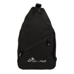 A black Sling RPET travel bag with a zippered pocket and a logo on the front.