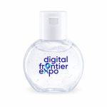 A clear bottle of hand sanitiser with a rounded shape, containing a gel-like substance. It features a logo on the front.