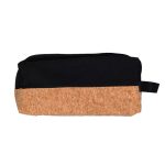 A utility pouch in black fabric with a cork bottom. The pouch features a zipper closure and a small handle on the side.