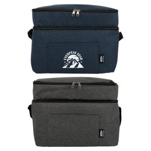 A navy blue and grey cooler bag with a top zipper, featuring a front pocket and a logo.