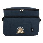 A navy cooler bag with a zippered top, front pocket, and a logo. It features a sturdy and insulated design.