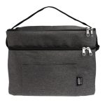 A grey cooler bag with dual zippered compartments and a front pocket, featuring a logo.