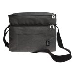 A cooler bag with a sleek gray design features two zippered compartments and an adjustable shoulder strap.