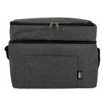 A grey cooler bag with a zippered top compartment and a front pocket, featuring a logo.