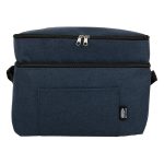 A dark blue cooler bag with dual zippered compartments and a front pocket, featuring a branding logo.