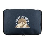 A navy cooler bag featuring a mountain logo on the front, designed for carrying food and drinks.