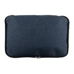 A dark blue cooler bag with a zip closure, featuring a subtle textured fabric and a branded logo.