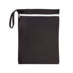 A black wet bag with a white zipper and a side handle, featuring a branding logo.