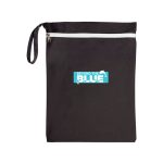 A Cosi Wet Bag in black fabric with a white zipper, featuring a light blue logo that says "BEYOND THE BLUE."