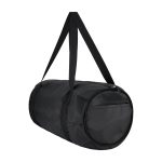 A black duffle bag with a zippered closure and a side pocket, featuring a shoulder strap.
