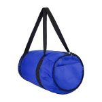A blue duffle bag with black straps and a zip closure, featuring a round shape and a logo.
