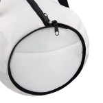 A white duffle bag with a black zipper and trim, featuring a circular bottom design.