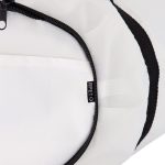 A white duffle bag featuring a black zipper and a small tag labelled "RPET".