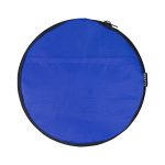 A round blue duffle bag with a black zip and a logo on the side.