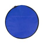 A round blue duffle bag with a zip closure, featuring a black trim and no visible branding.