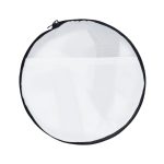 A round, zippered bag in black and white mesh, featuring a transparent top and a pocket on the front.
