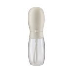 A drink bottle with a white and clear design, featuring a secure cap and a wrist strap for easy carrying.