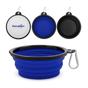 A collapsible bowl in blue, featuring a black rim and a carabiner clip, alongside black and white versions.