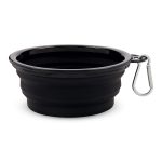 A black collapsible bowl with a silver carabiner attached, featuring a sleek design.
