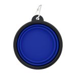 A collapsible bowl in black and blue, featuring a silver carabiner clip for easy attachment.