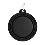 A black collapsible bowl with a carabiner clip for easy attachment. It features a circular design.