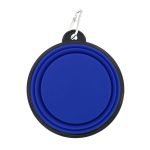 A blue collapsible bowl with a black rim, featuring a carabiner for attachment.