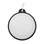 A white and black collapsible bowl with a carabiner attachment. It features a circular design.
