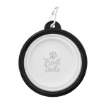 A black and white collapsible pet bowl with a logo, featuring a carabiner for easy attachment.