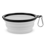 A collapsible bowl in white with a black rim, featuring a carabiner for easy attachment.