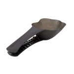 A pet food scoop in dark grey with a measuring section and a handle for easy grip. The product has a logo on it.