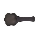A black pet food scoop with a rounded, flower-shaped scoop end and a long handle.