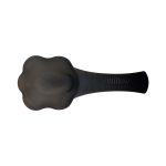 A black pet food scoop with a paw-shaped design and an engraved logo.