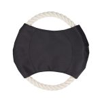 A black fabric toy with a white rope handle, designed for dogs, featuring a rounded shape.