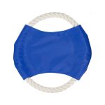 A blue dog toy featuring a fabric centre with a rope ring on the outside. It has a logo on it.