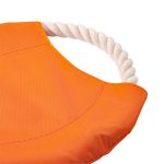 An orange dog toy with a fabric surface and a white rope handle. It features a logo.