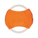 An orange dog toy with a rope handle, featuring a smooth fabric surface and a round shape.