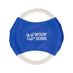 A blue dog toy with a rope handle and a logo featuring a dog graphic.